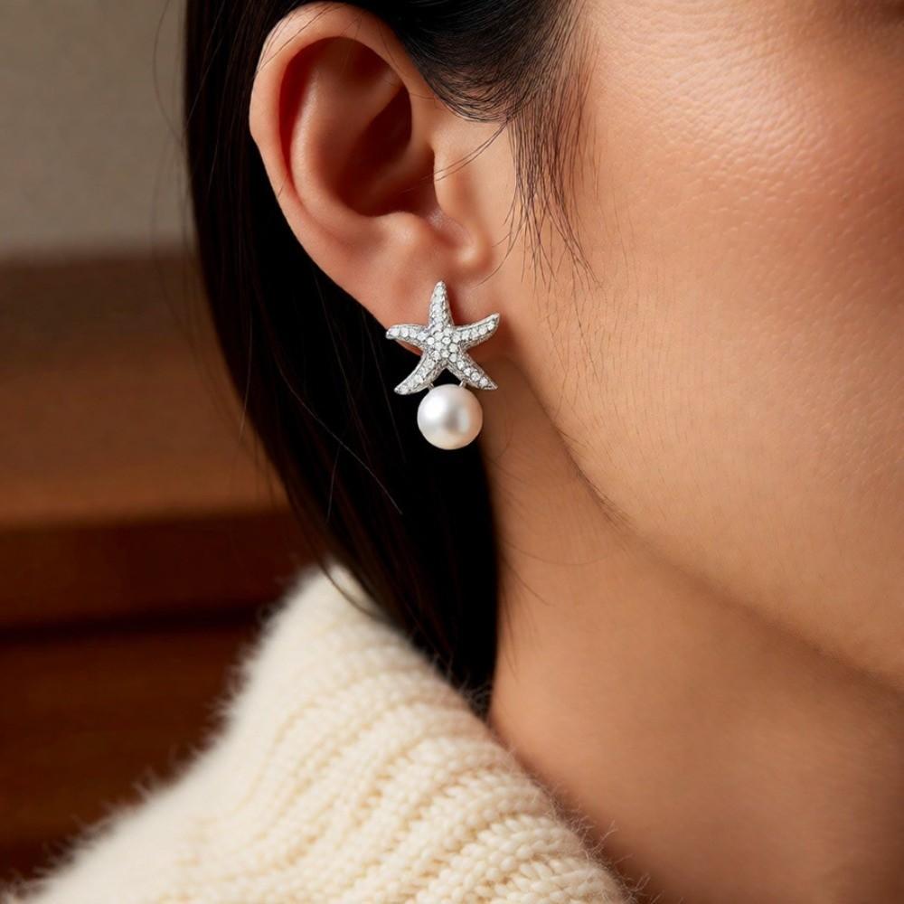 Zircon Korean Style Earrings Crystal Starfish Ear Studs Elegant Starfish Pearl Stud Earrings  Women