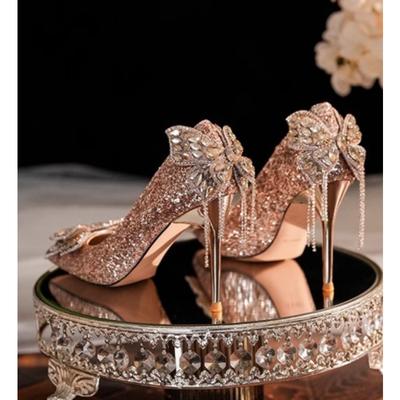New Shiny Bowknot Thin Heels Pumps Women Slip-On Bling Crystal Party Shoes Woman Sexy Pointed Toe Glitter High Heels Shoes