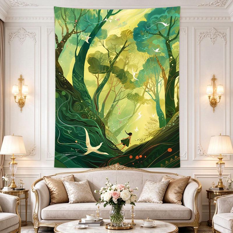 Girl Running Enchanted Forest Birds Green Fairytale Illustration Art