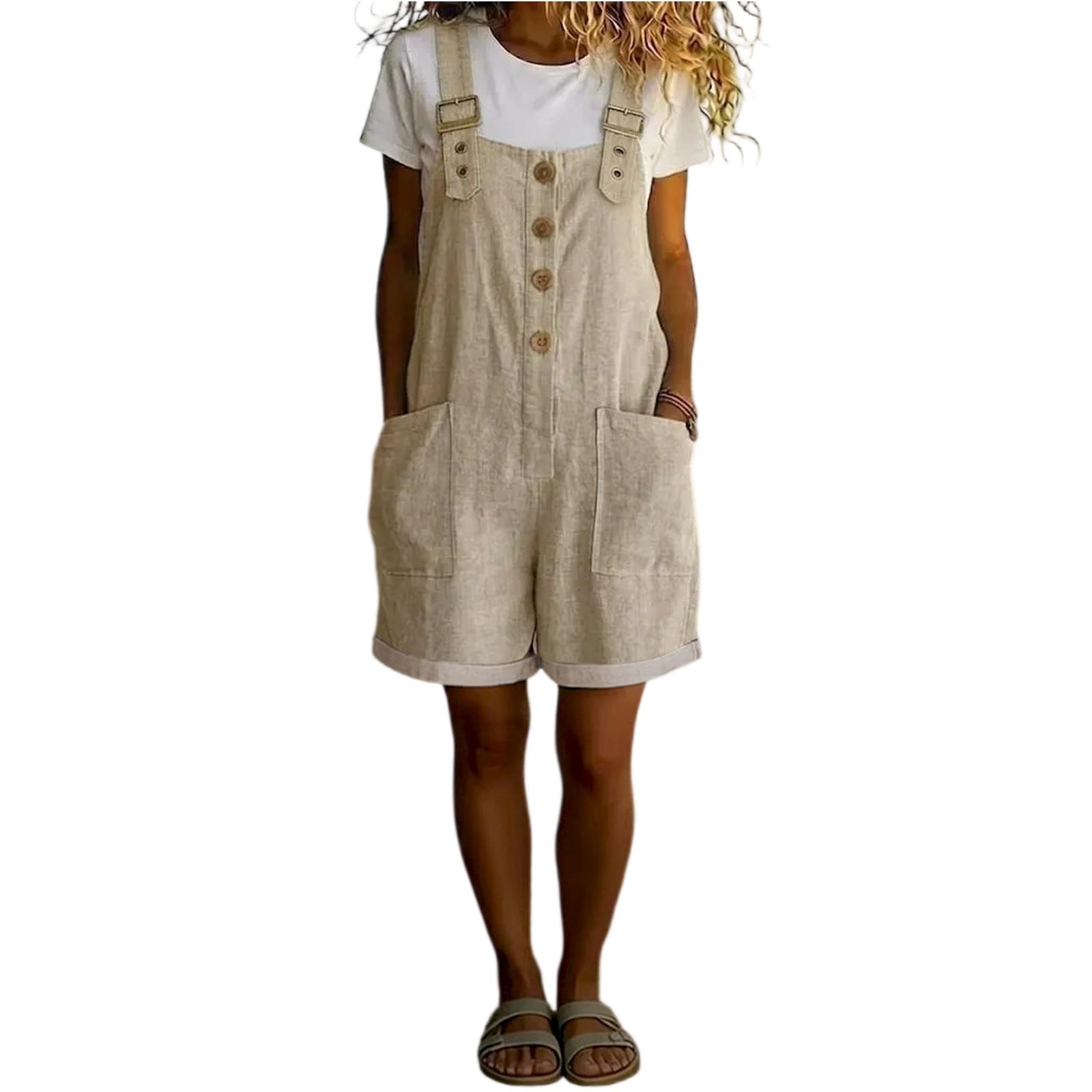 

Women’s Loose Fit Corduroy Short Overalls with Adjustable Straps Front Button Design and Large Pockets for Casual Wear L бежевый