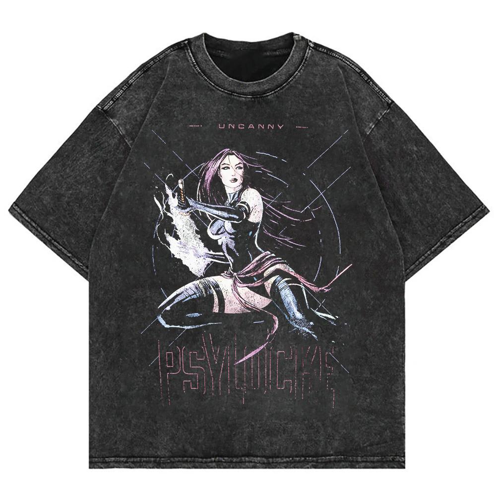 Psylocke Uncanny Washed T Shirt Men Vintage Psychic Warrior Graphic Tee Oversized Cotton Dark Streetwear Short Sleeve 2XL