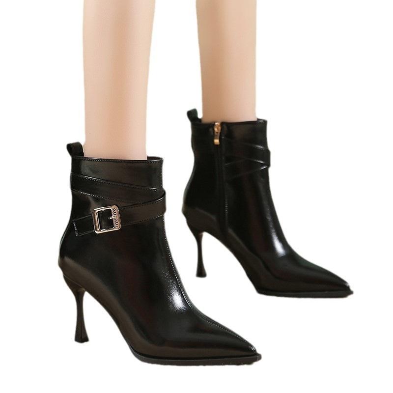 Thin heel Martin boots women's 2025 autumn and winter black short boots design sense belt buckle pointed high heel boots khaki cloth