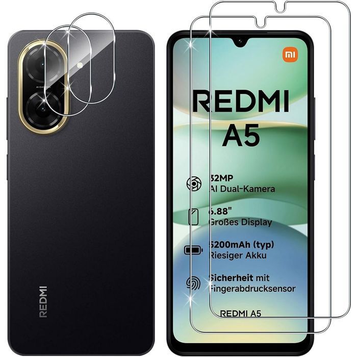 2 Verres Trempés Ecran et 2 Vitres Caméra Arrière pour Xiaomi Redmi A5 4G - Protection Anti-Rayures
