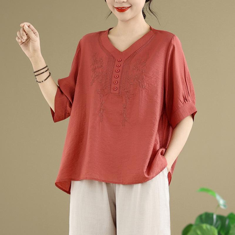 

2026 Summer Korean Style Plus Size Embroidered Cotton Linen Top and Wide Leg Pants Set XL