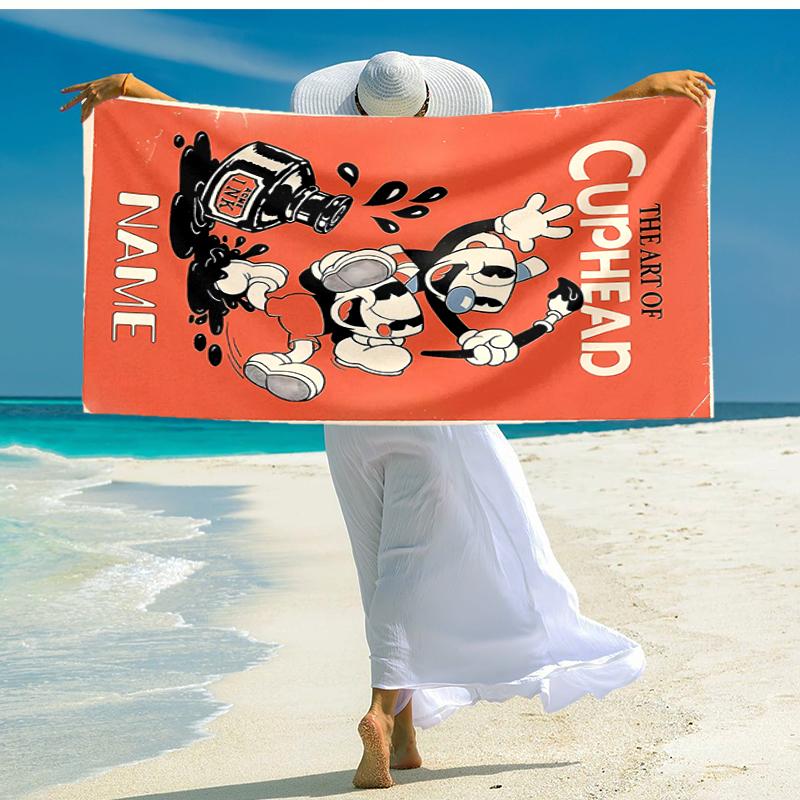 Personalized customized proof beach towel with Cuphead pattern - soft, absorbent, quick-drying, perfect swimming, camping&bathing