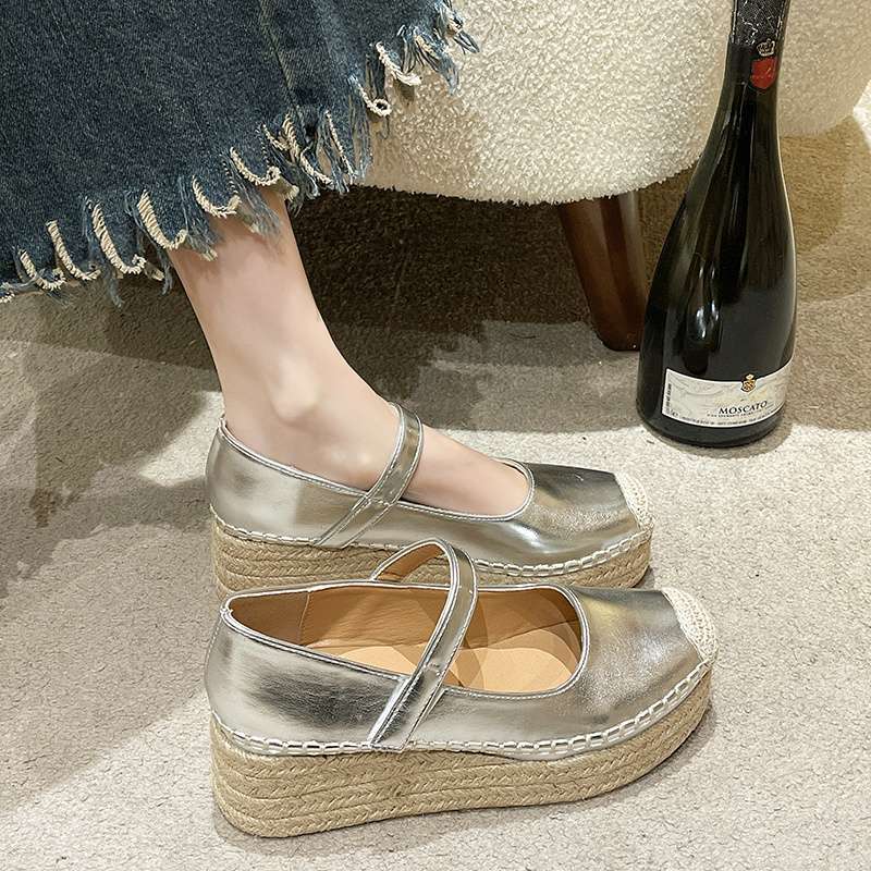 

Platform single shoes women s 2025 new spring and summer woven fisherman shoes small height increase muffin wedge Mary Jane shoes 35 серебряный