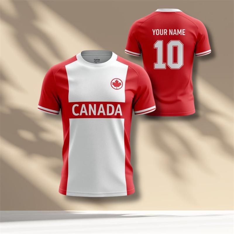 Red Maple Leaves Print Design Canada Football T-shirt Unisex Round Neck Breathable T Shirts Custom Name Number Sport Quick Dry