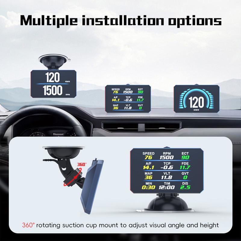 P16 LCD Gauge OBD2 Head Up Display Turbo Boost Oil Pressure Oil Temperature Fuel Consumption Car Speed Gauge