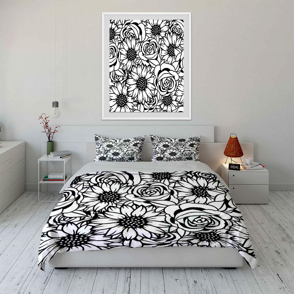 Black and White Floral Pattern Print Bedding Set 1 Duvet Cover 2 Pillowcases for Adult and Children Luxury Gift Full Size