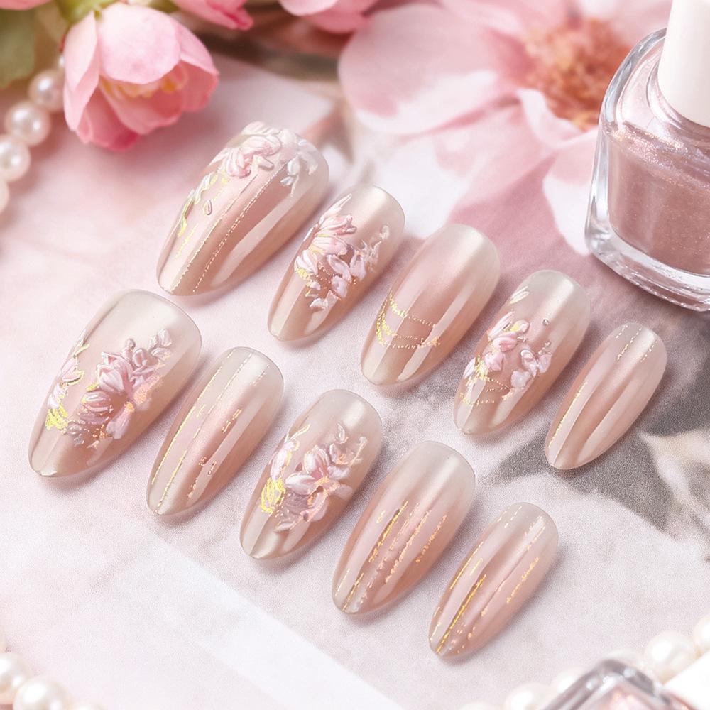30-Piece Sweet Pink Flower Embossed Cat Eye Short Almond Detachable False Nails