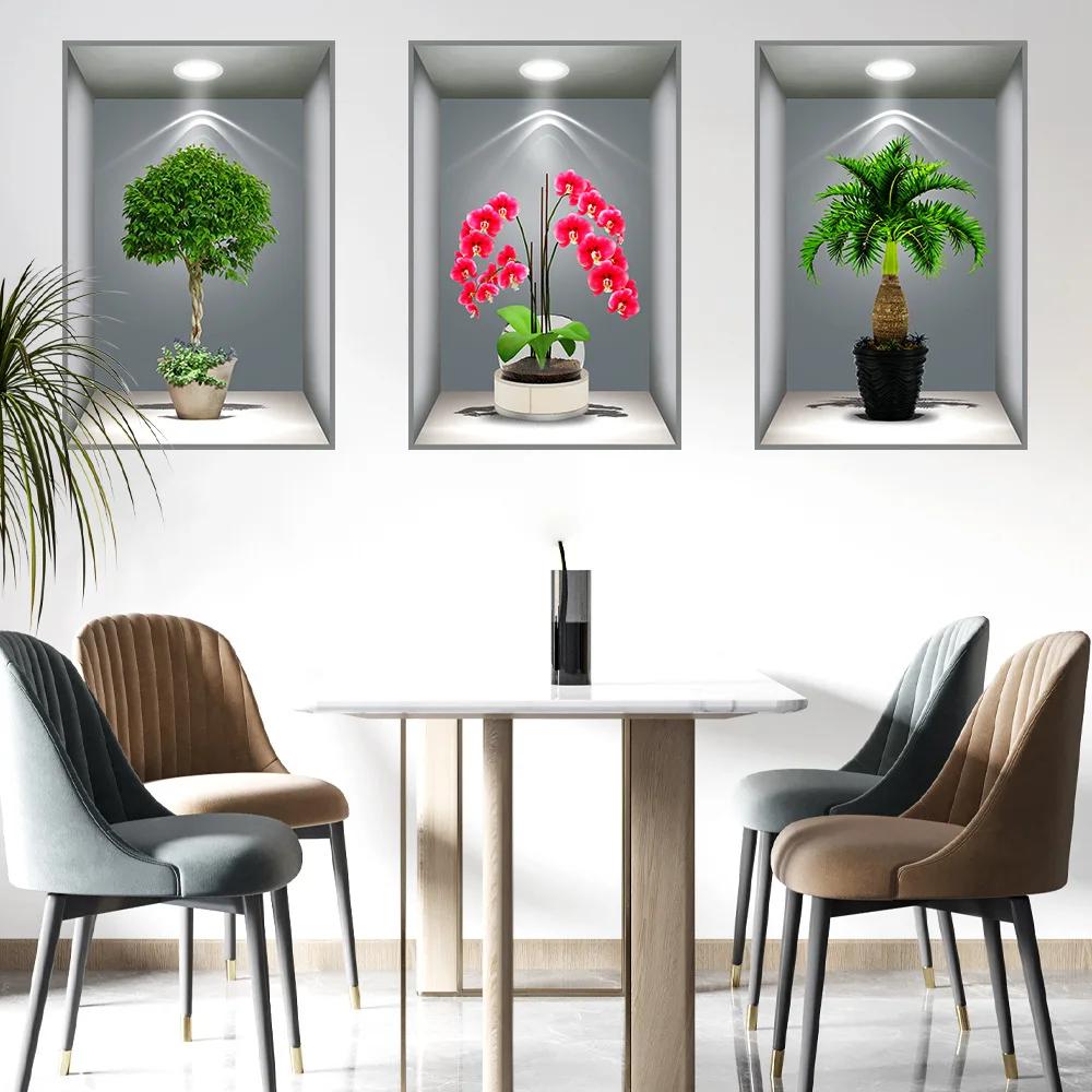 3D Effect Potted Triptych Posters Hallway Staircase Decorative Painting Hotel Restaurant Wall Plant Stickers