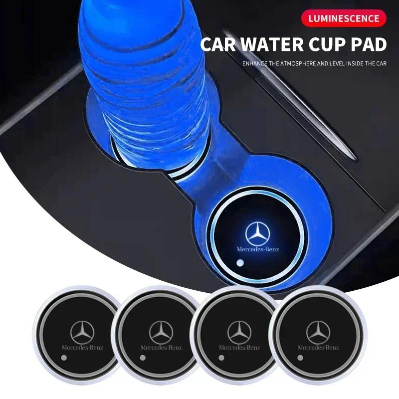 AABIH1 1/2pcs Car Luminous Water Cup Pad LED Atmosphere Light For Mercedes Benz W166 W212 W213 W246 W176 W205 C180 W167 Accessories