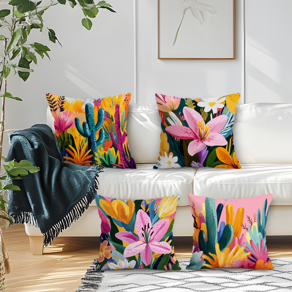 Vibrant Flowers And Cacti Cushions Pillowcase Polyester Cushion Cover Throw Pillow Pillowcover Home Car Sofa Decor