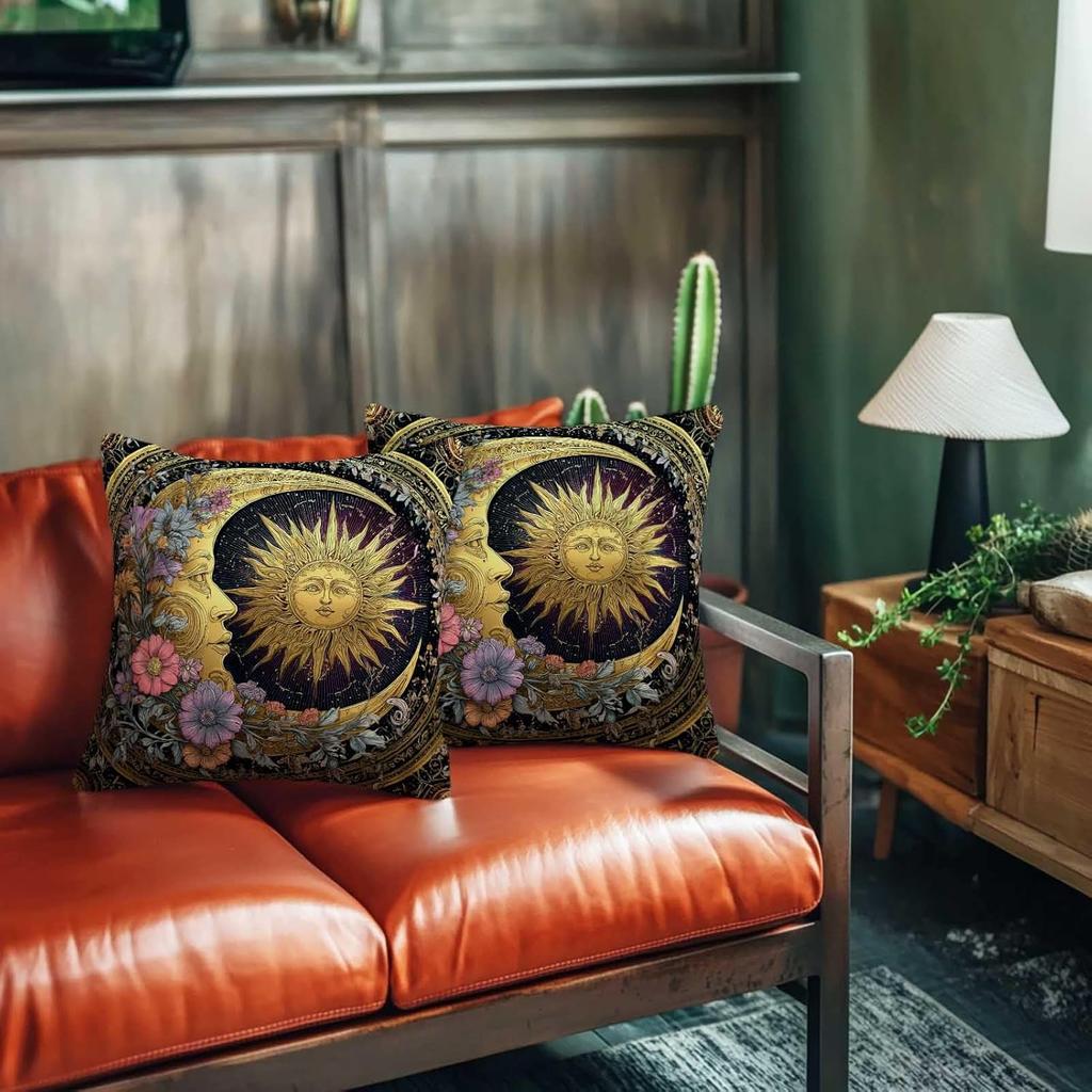 Sun and Moon Decorative Pillow Covers 18x18 Set of 2 | Cushion Cases with Invisible Zipper | Home Decor Throw Pillowcases for Couch, Sofa and