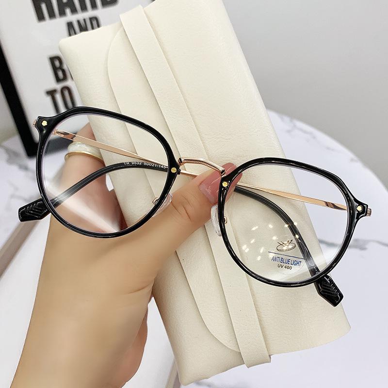 A Woman With A Big Face Wearing Glasses And Having Myopia Is Protecting Herself From Blue Light.