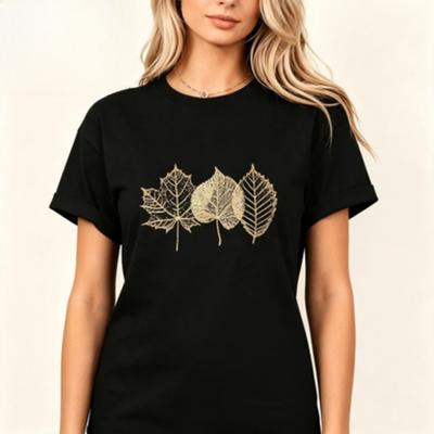 Fall Botanical Unisex Cotton Tshirt Gold Sparkle Leaf Print Simple Maple Leaves Nature Aesthetic Casual Short Sleeve Tees