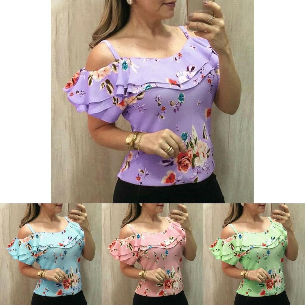 Floral Print Women Cold Shoulder Tops Summer Beach Tank Tops Vest Shirt Blouses