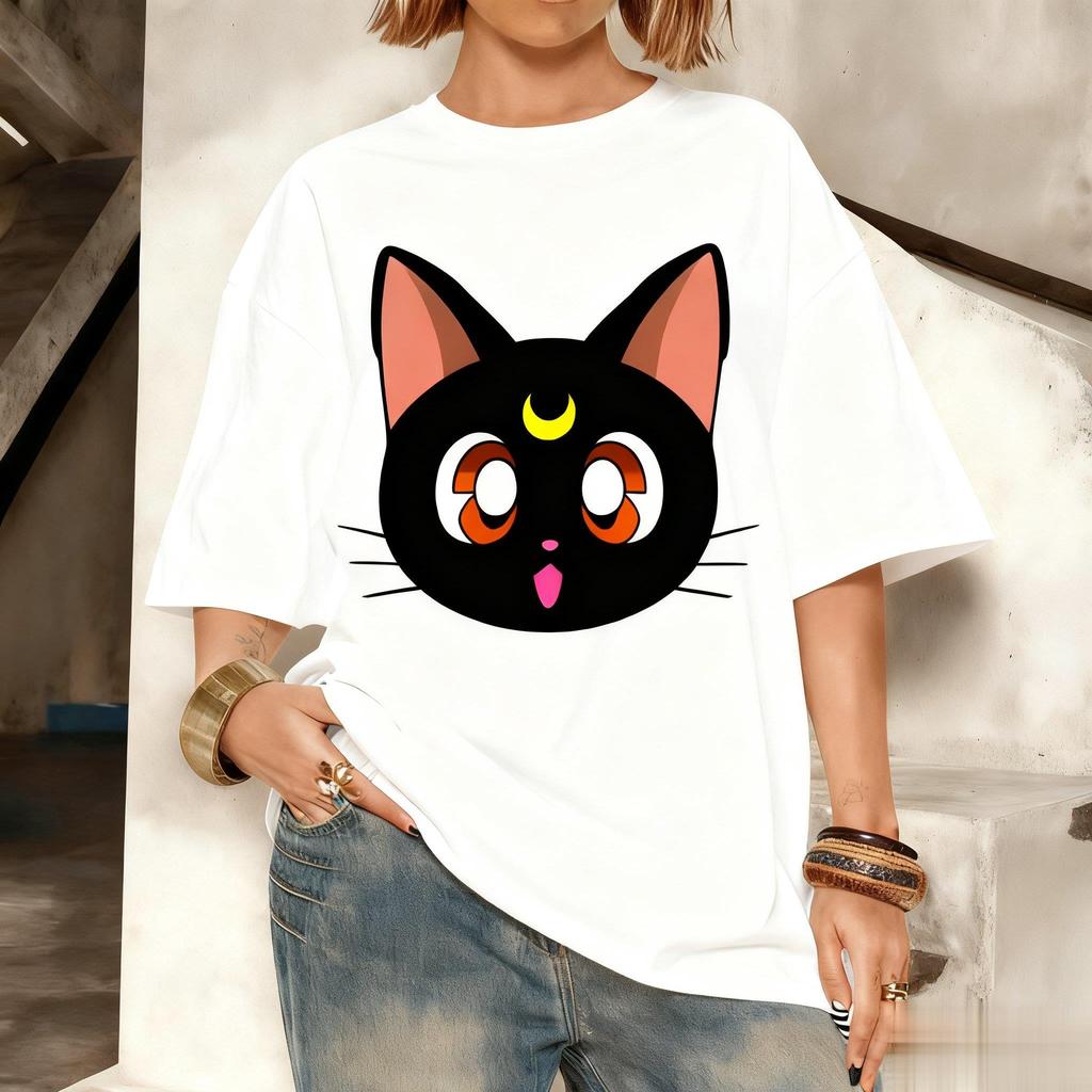 Sailor Moon Luna Katze Anime Print Baumwolle T-Shirt Damen Unisex Lässig Kurzarm Sommer Oberteile Locker Streetwear Grafik T-Shirt Mode