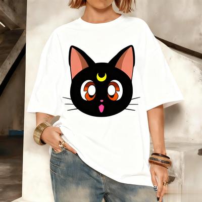 Sailor Moon Luna Katze Anime Print Baumwolle T-Shirt Damen Unisex Lässig Kurzarm Sommer Oberteile Locker Streetwear Grafik T-Shirt Mode