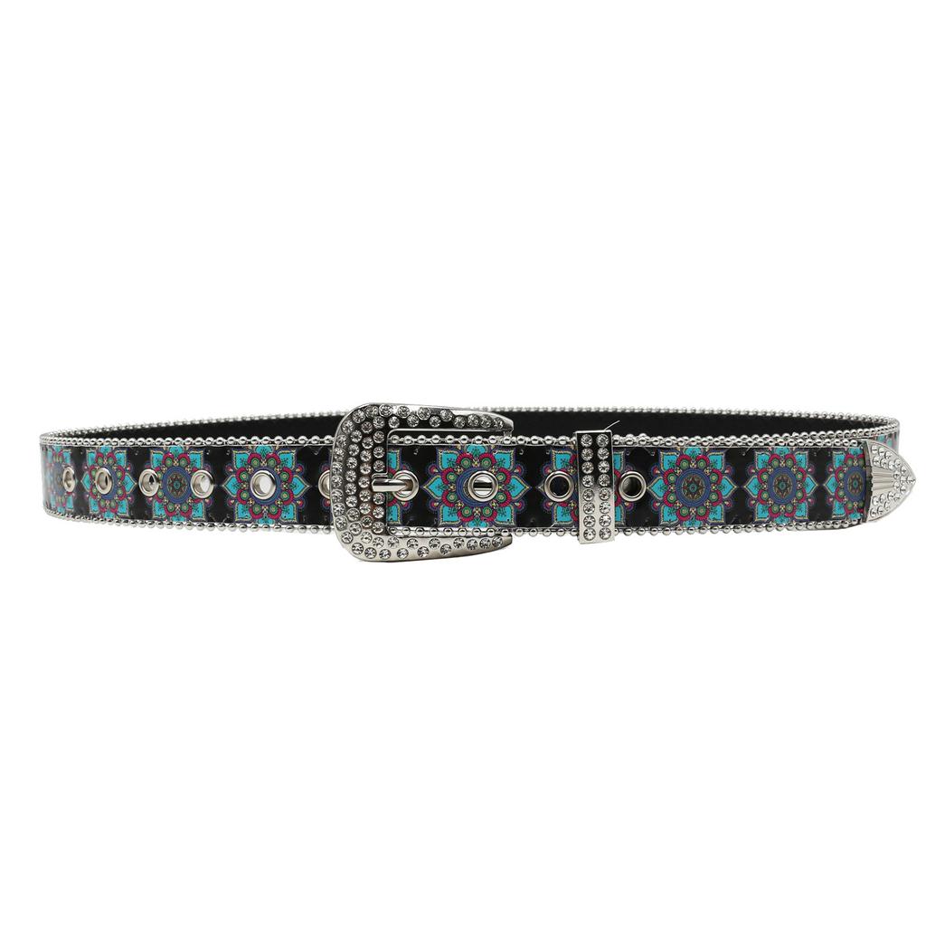 Design Rhinestone Belt Mandala Ethnic Style Print Niche Fashion Belt Punk Style Trend