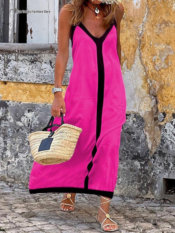 2026 Women's Vacation A-Line Dress with Adjustable Straps and Color Block Design
