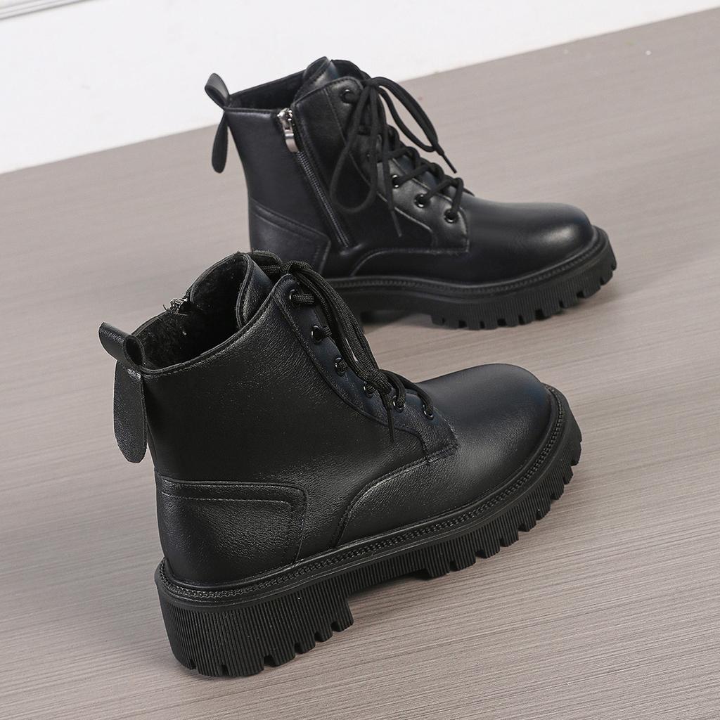 Moda 2024 Zima Grube Pluszowe Botki do Kostki Kobiety Moda Antypoślizgowe Platformowe Botki Bojowe Kobieta Sznurowane Zamek PU Skóra Botas Mujer