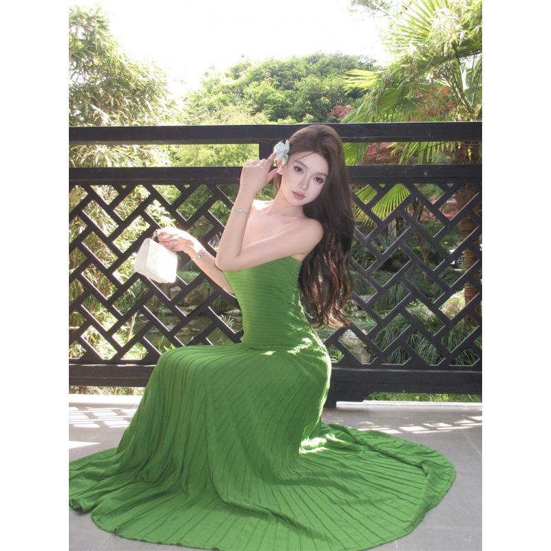 The Real Shot Is Green, Jiangnan Shore Wind Slim-fitting Waist Tube Top Straight Knitted Long Dress