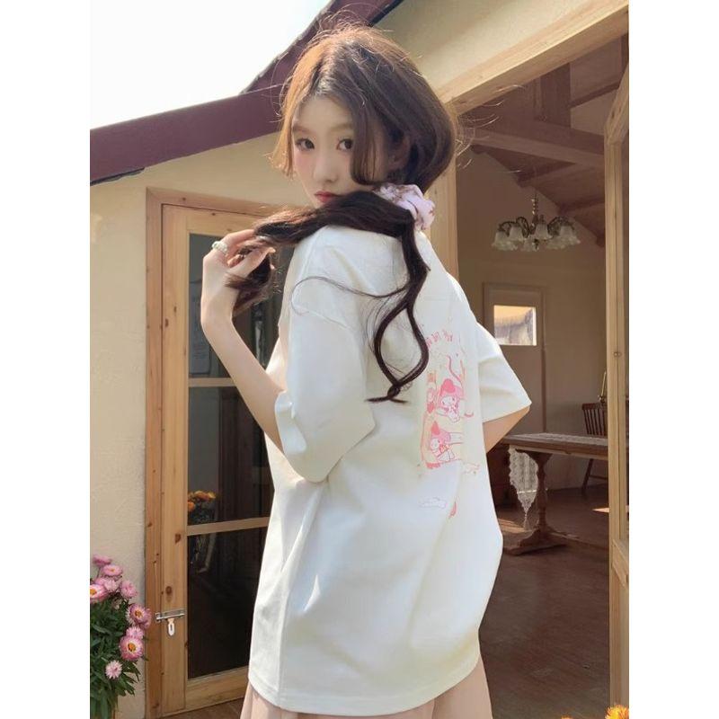 Kumikumi Sweet Cartoon Print Short sleeve T-shirt Women Summer Niche Casual Loose Pink round Neck Top