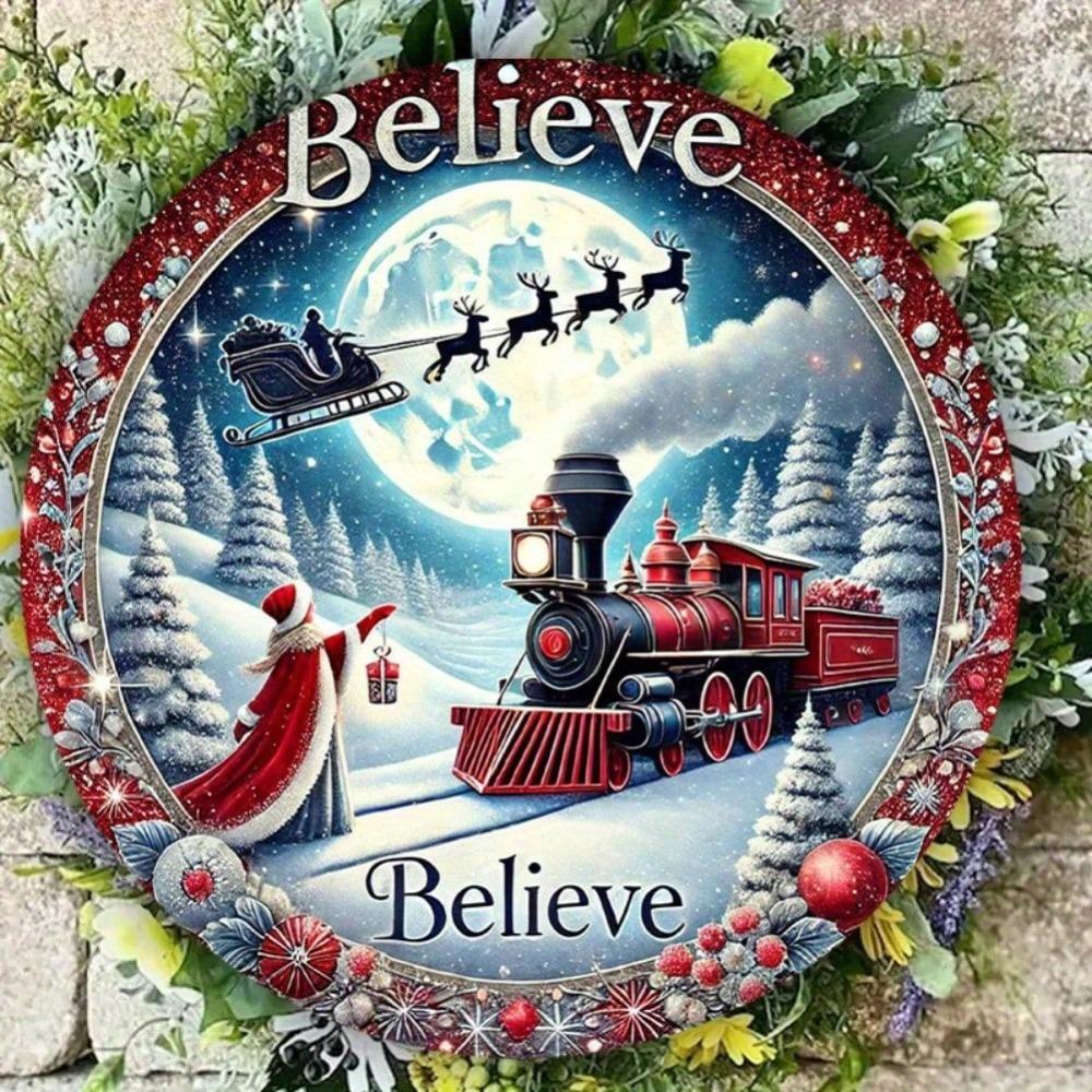 Christmas Train Tin Metal Wall Sign Vintage Home Decor 8x8 Inch English Text Holiday Gift