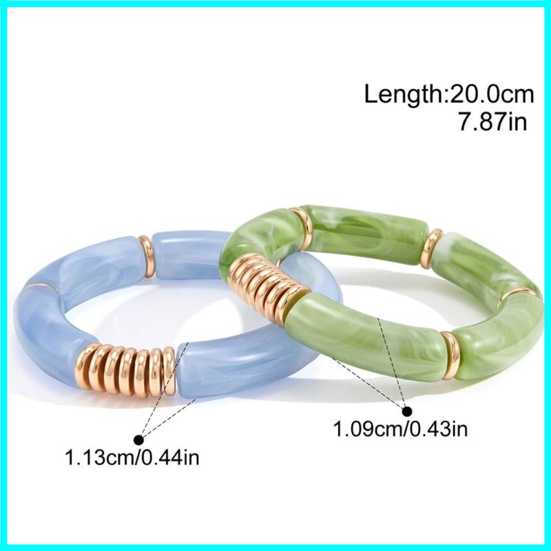 2PCS Set Vintage Design Resin Elastic Bracelet Blue Bamboo Gold Color Spacer Pearl Bracelet Blue Green Color Bangle