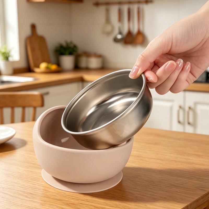 Silicone Suction Bowl with Stainless Steel Liner - Child's Anti-fall Training Bowl