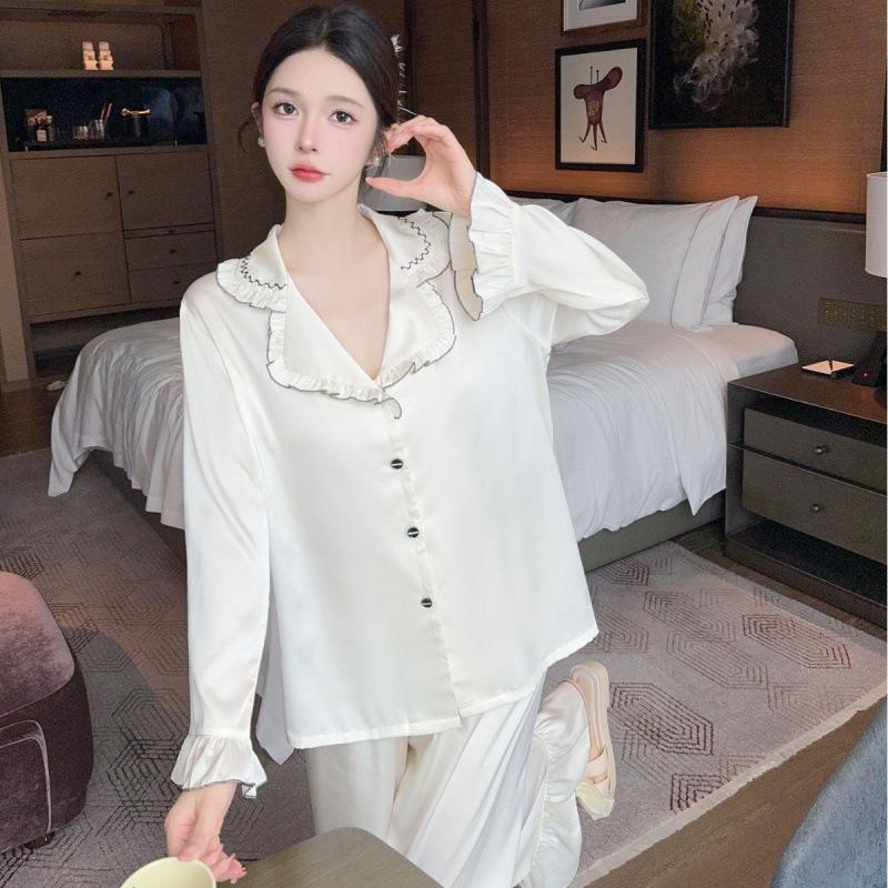 Spring and Autumn new ice silk pajamas women's small fragrant style high-end sense winter French sweet long-sleeved trousers loungewear set