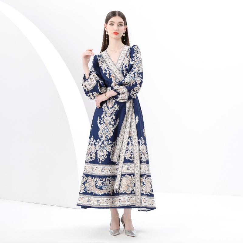 Spring Summer Women V-neck Big Size Vintage Print Lantern Sleeve Midi Lace-up Party Dresses Robe