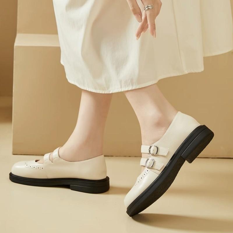 Uniform Women's British Flat Retro Double Buckle Soft Side Mary Jane Shoes Spring and Autumn Niche Carved for Walking Style