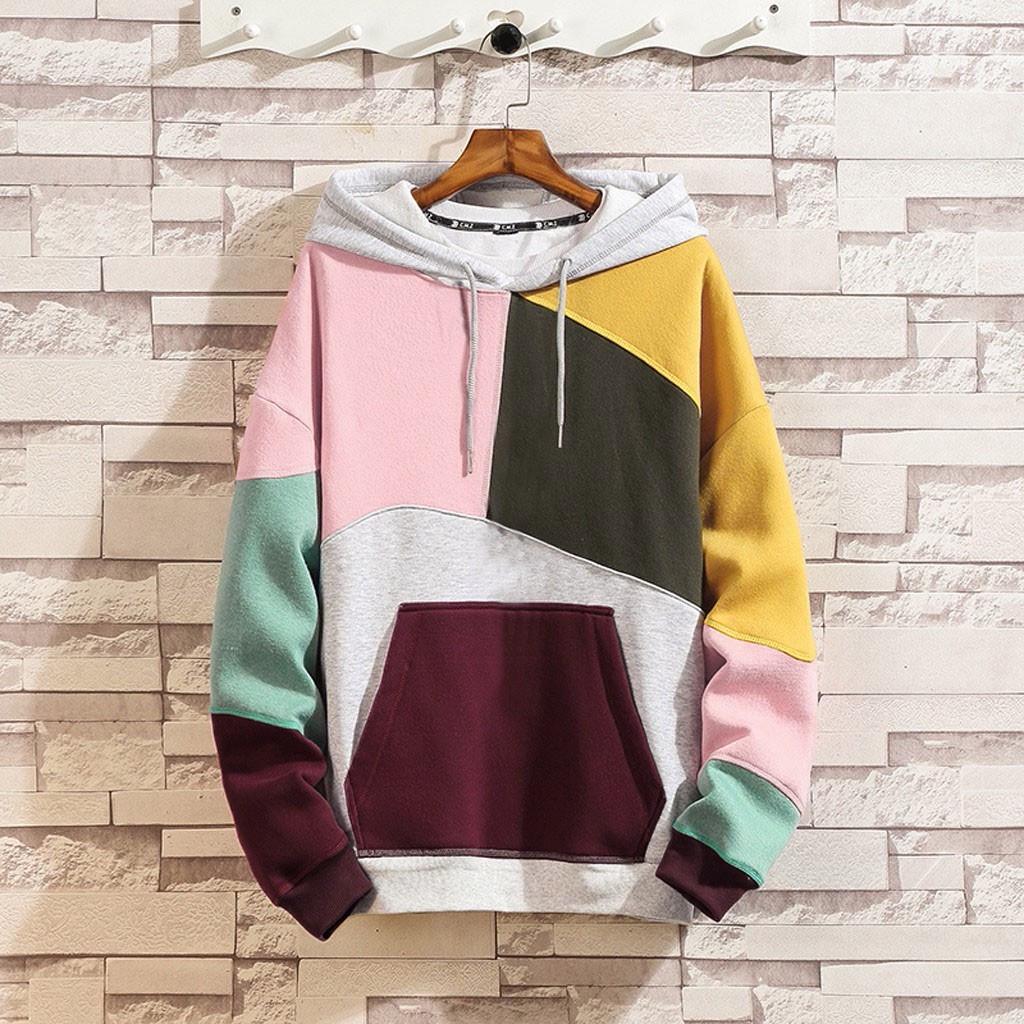 Fashion Men's Casual Solid  Hooded Hooded Patchwork Sweatshirt