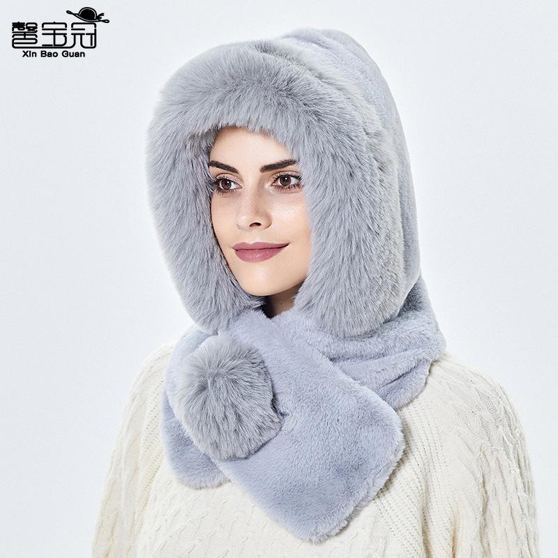 Women's Autumn and Winter Warm One Piece Plush Hat with Scarf Windproof Cycling Ear-protecting Hat with Neck Warmer