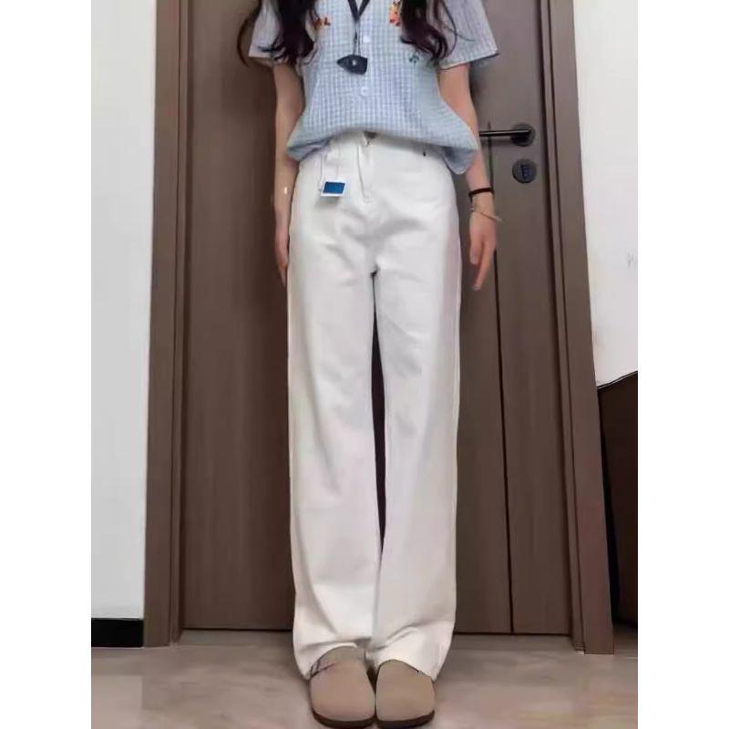 White Denim Plus Size Wide-Leg Pants for Women - Loose Fit, Autumn Style, Slimming, Hip-Covering, Pear-Shaped, Straight Leg.