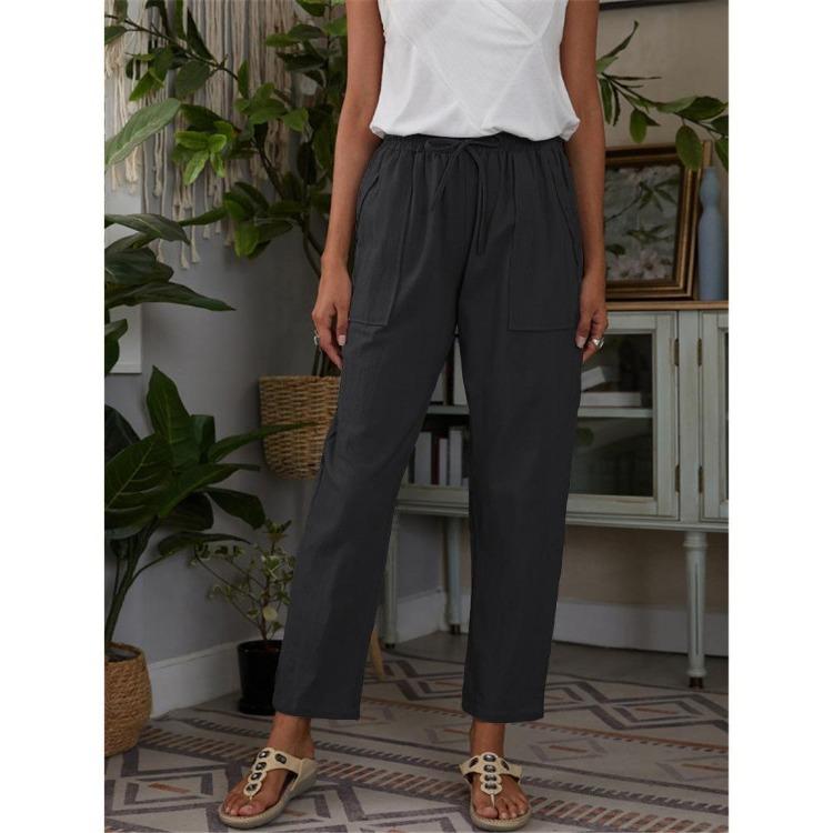 Women Casual Pants Autumn Solid Color Loose Cotton Linen Elastic Waist Big Pockets