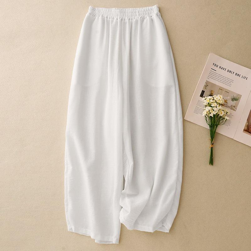 2025 summer new solid color cotton and linen wide-leg pants women's literary loose simple drape elastic waist nine-point casual pants