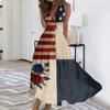 Womens Sleeveless V Neck Wrap Maxi Dress Patriotic Flag Print Floral Swing Summer Sundress Casual High Waist