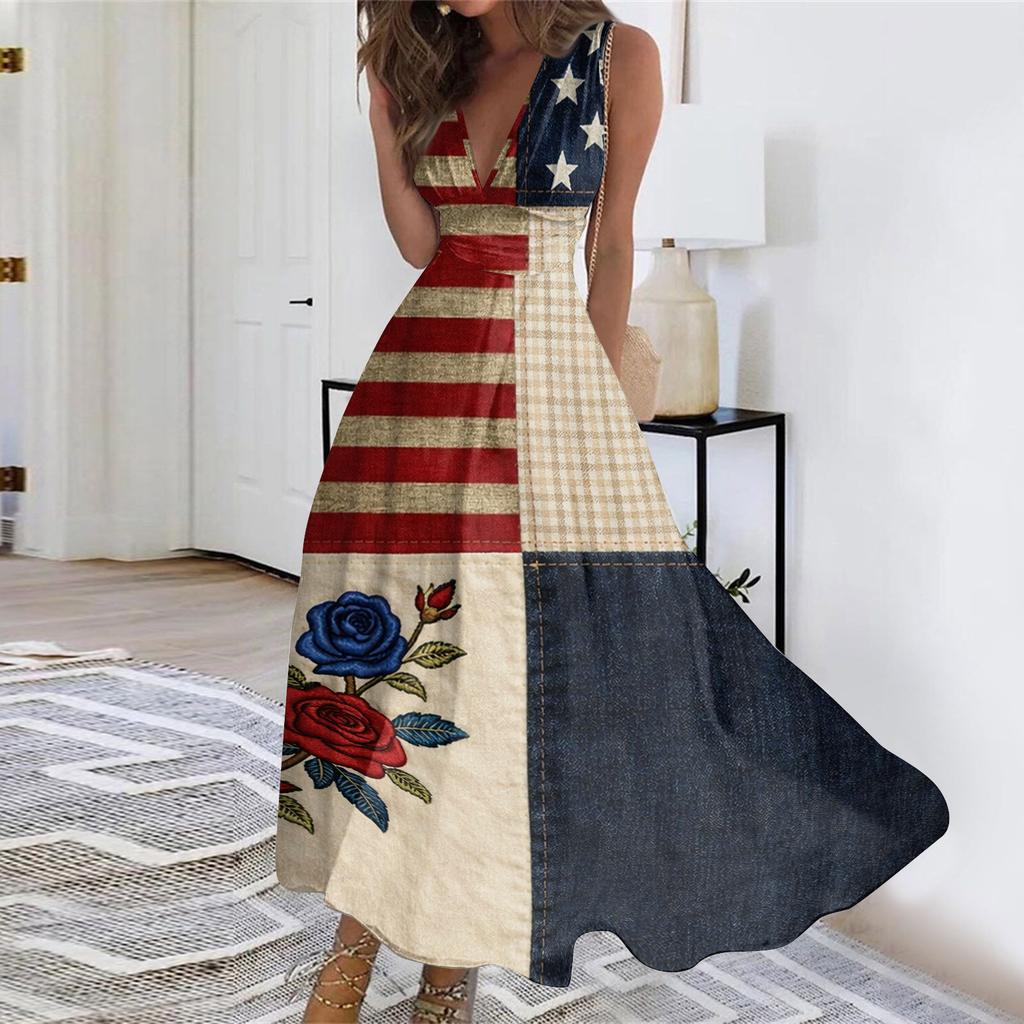 Womens Sleeveless V Neck Wrap Maxi Dress Patriotic Flag Print Floral Swing Summer Sundress Casual High Waist