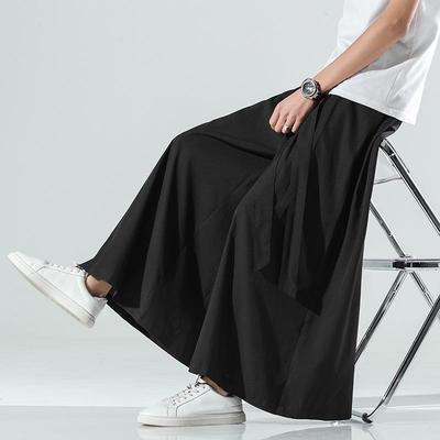 2021 Summer Men's Retro Chinese Style Ice Silk Wide-Leg Casual Long Pants with Belt, Plus Size Available.