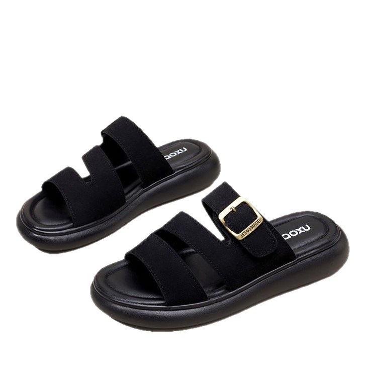 One-word Sandals Women's Outer Wear 2025 New Summer Fashion Metal Square Buckle Soft Bottom Non-slip Beach Slippers with Skirt