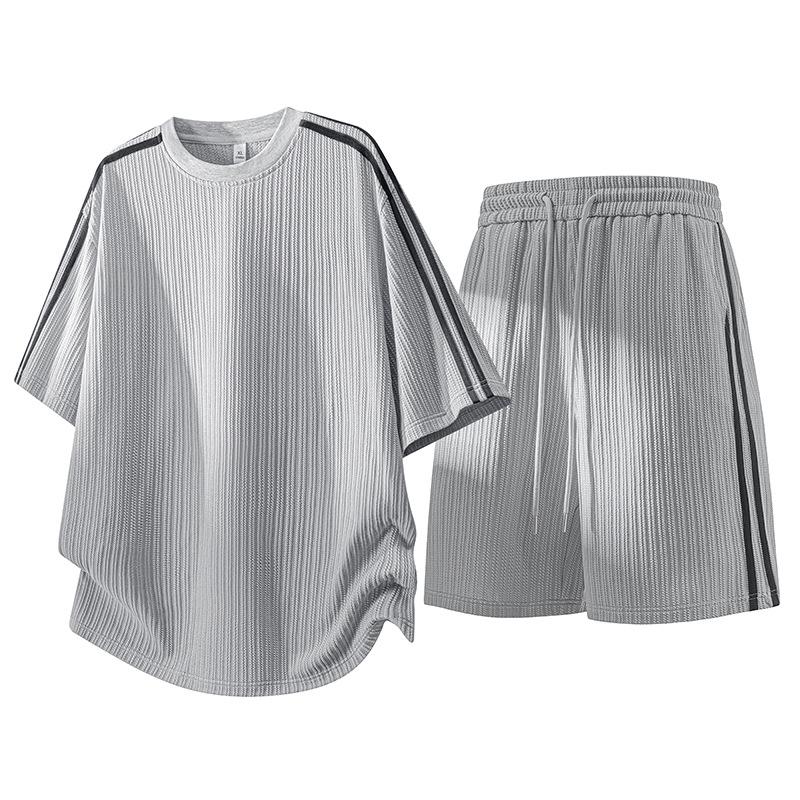 Men's Casual Jacquard Stripe T-Shirt & Shorts Two-Piece Set