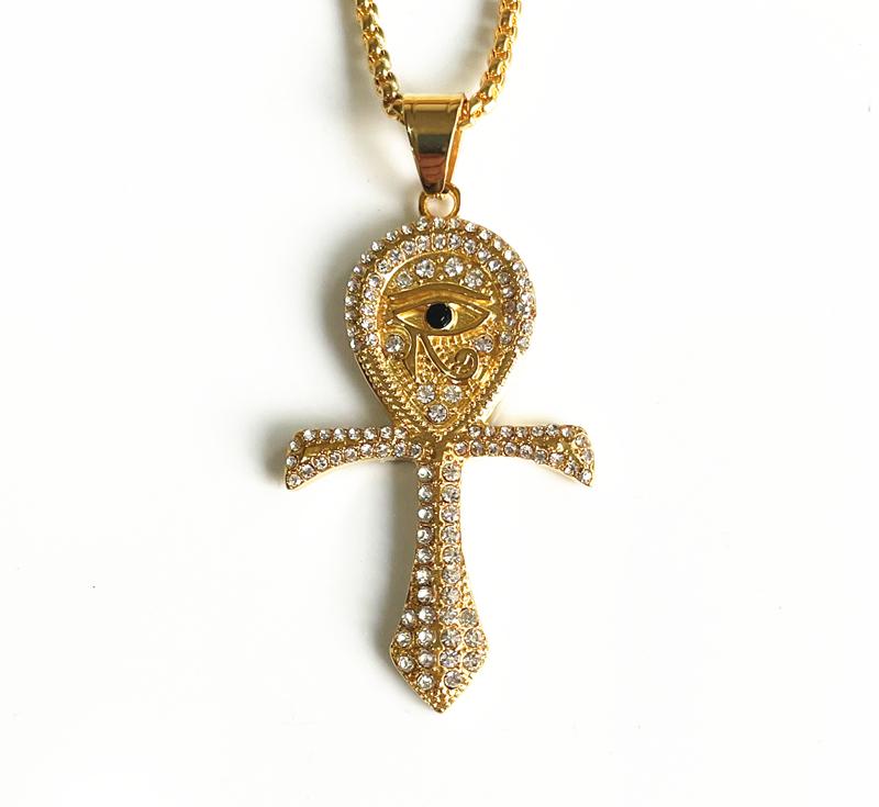 Hip Hop Altes Ägypten Runde Schmuckstücke Collares Goldfarbe Edelstahlkette Ägyptisches Auge des Horus Halsketten & Anhänger