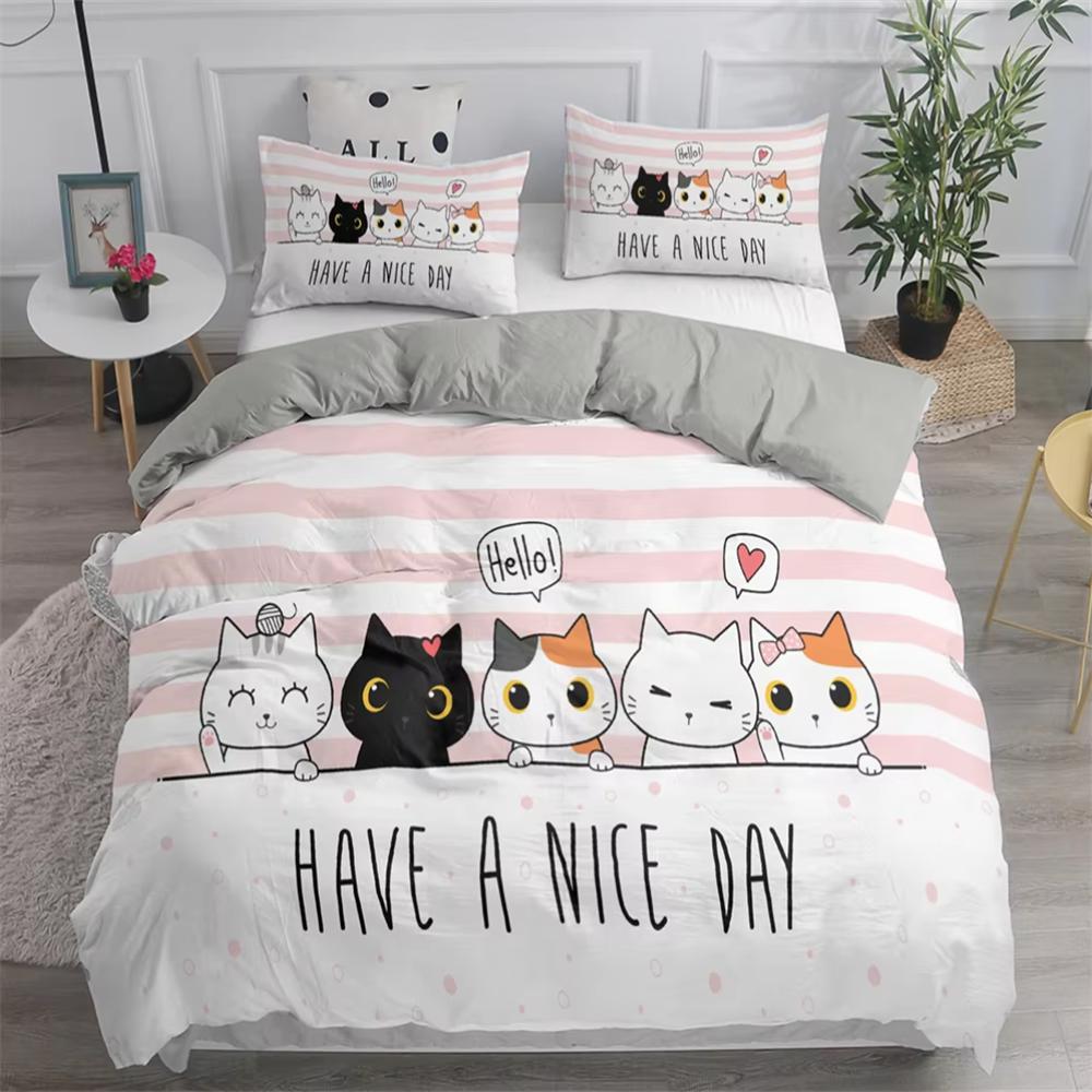 Set Copripiumino 3D con Stampa di Gatti Carini Set Biancheria da Letto Gatto Cartone Animato Misura Singola Matrimoniale Queen King Doppie Misure Federe Copripiumino