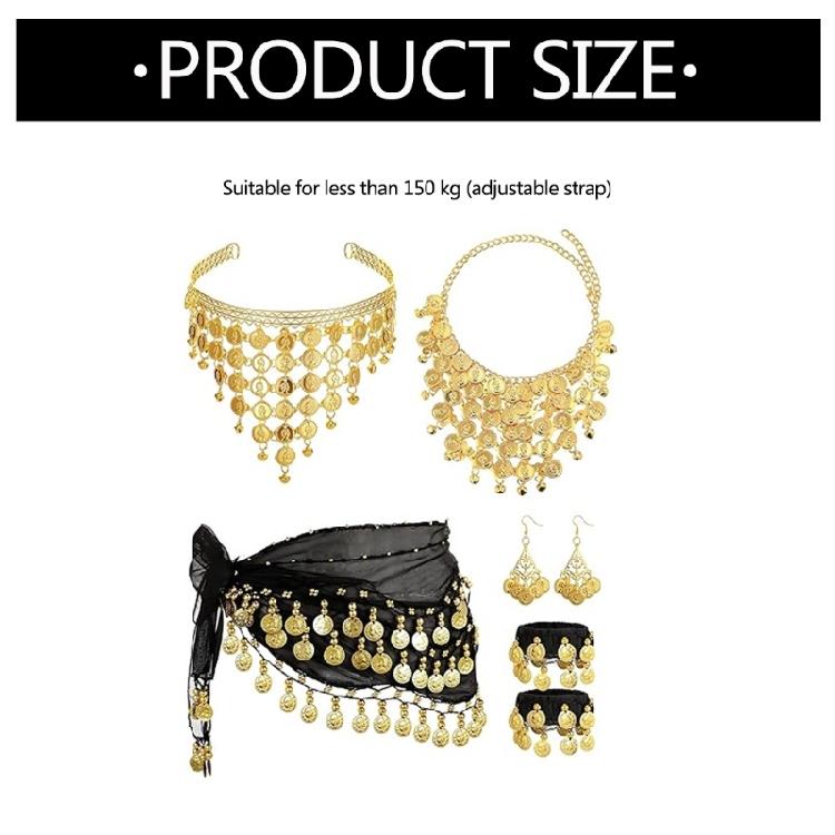 Womens Belly Dance Accessories Set with Hip Scarf Wrap Gold Coin Headband Belly Dance Necklace Earrings and Bracelets