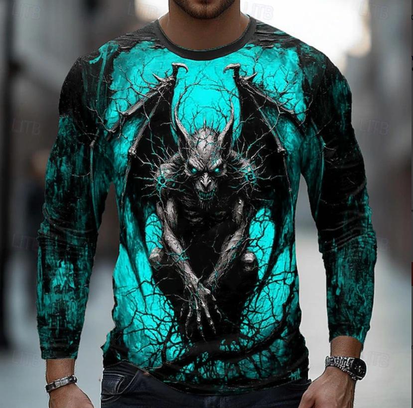 Herren Langarm-T-Shirt Horror-Kreatur 3D-Druck Gothic-Stil Halloween-Party Tägliches Streetwear Lässiges Oberteil