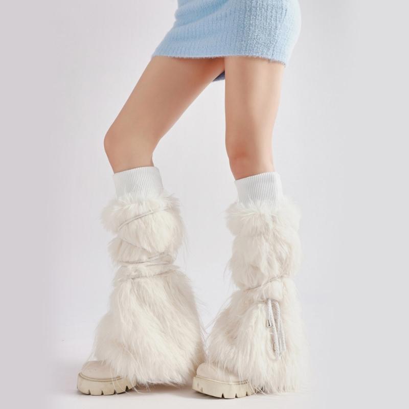 Women Harajuku Ribbed Cuffs Plush Leg Warmers with Ties Bandage Furry Boot Covers Flared Leg Sleeves Footless Socks