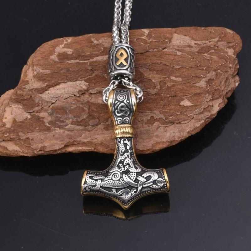 Viking Rune Thor Hammer Pendant Necklace for Men s Dominance золотистый